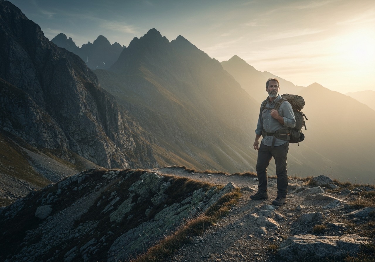 A hiker on a mountain trail at dawn
